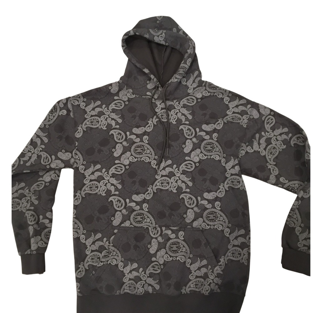 AXXXXXXX Live Forever Mens Medium Paisley Skull All Over Print Hoodie Grey Black